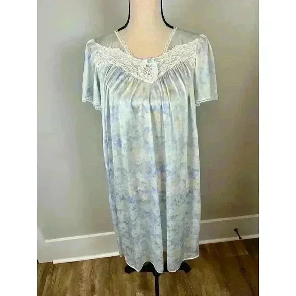 Vtg 70s Miss Elaine Babydoll Nightgown Floral Blue Lace Union Tag Coquette M - Picture 1 of 13